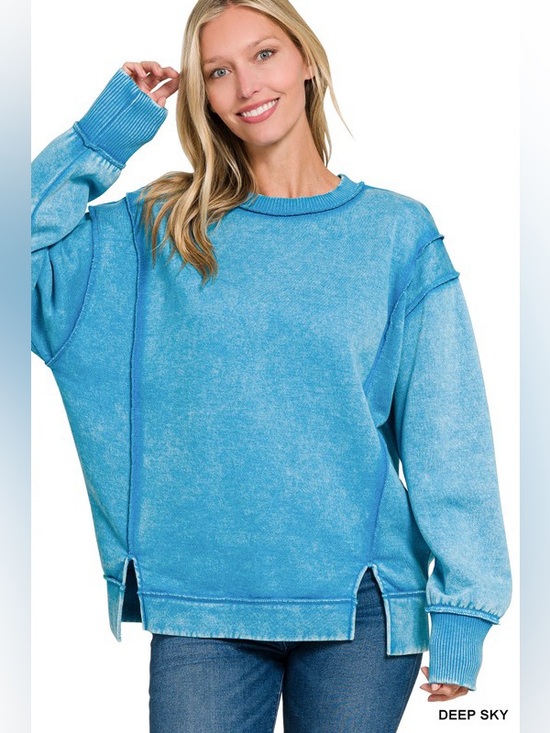 Zenana Outfitters Tops - Deep Sky Zenana ACID WASH EXPOSED-SEAM FLEECE SWEATSHIRT